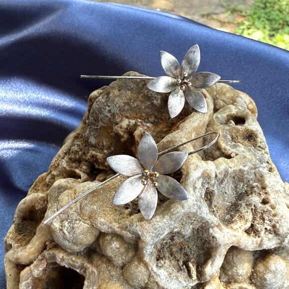 Sterling & Gold Six-Petal Flower Earrings - Picture 1 of 4